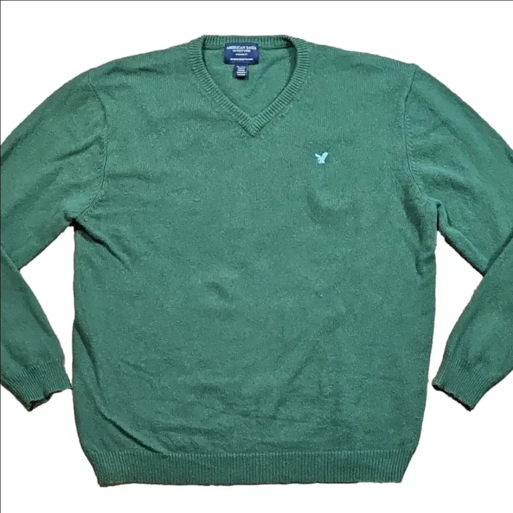 American Eagle Wool Cotton Blend Knit Forest Green V Neck Pullover Sweater
